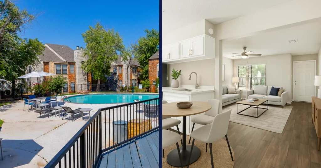 Split image of exterior and interior of apartment building